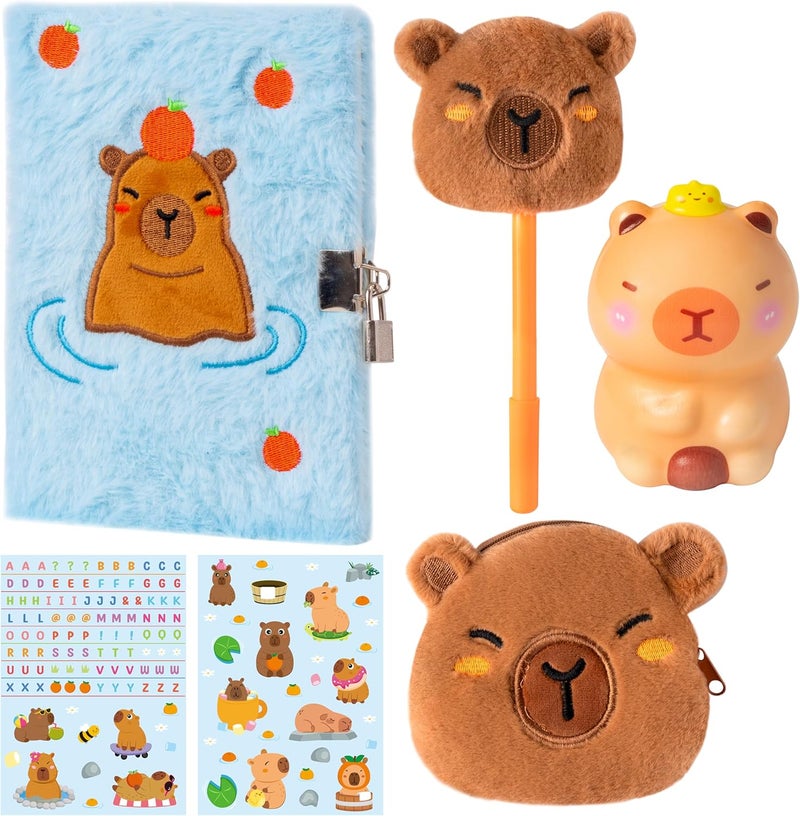 CY2SIDE 6PCS Capybara Diary with Lock and Keys for Kids, Fun Animal Plush Secret Journal Diary Journal Set with Notebook Pen Sticker Squeeze Toy and Purse, Idea Birthday Velentines Gift for Teen Girls - Image 1